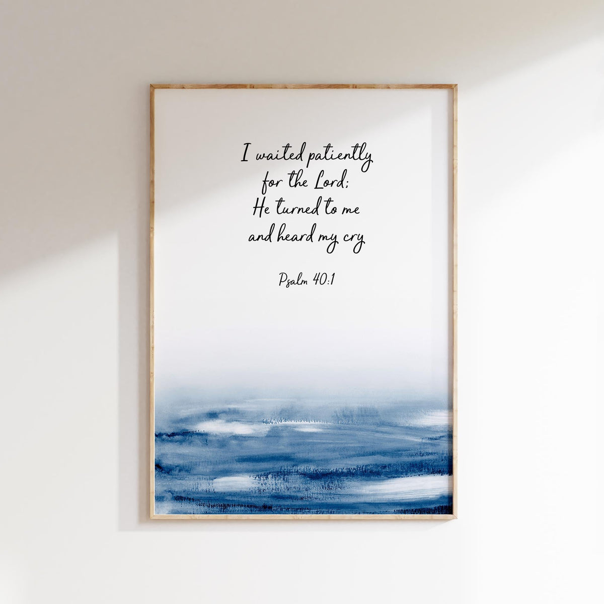 Faith-inspired home decor print with the scripture “He turned to me and heard my cry” from Psalm 40.