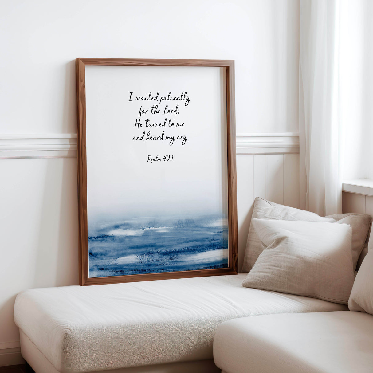 Psalm 40:1 Christian print with the verse “I waited patiently for the Lord” in soft, neutral tones.