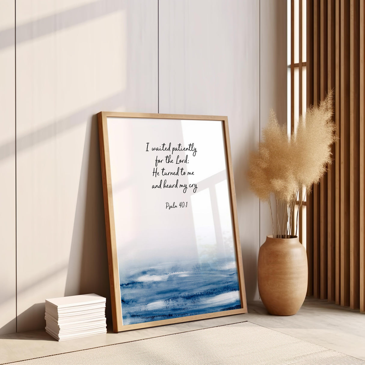 Comforting Bible verse wall art featuring Psalm 40:1 and elegant script design.