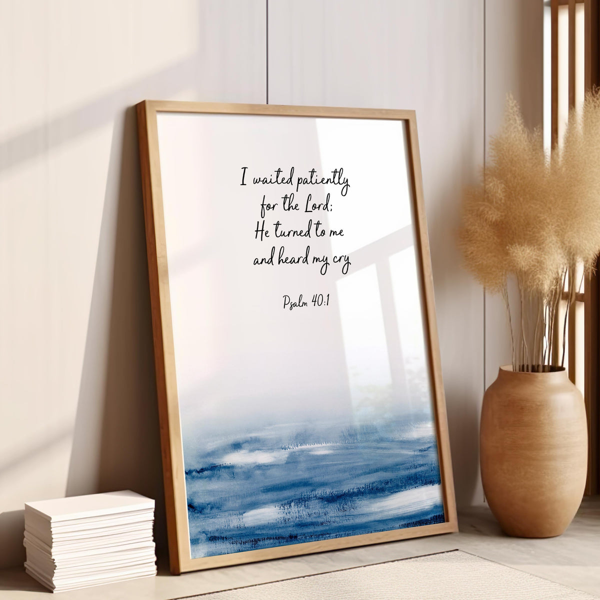 Comforting Bible verse wall art featuring Psalm 40:1 and elegant script design.