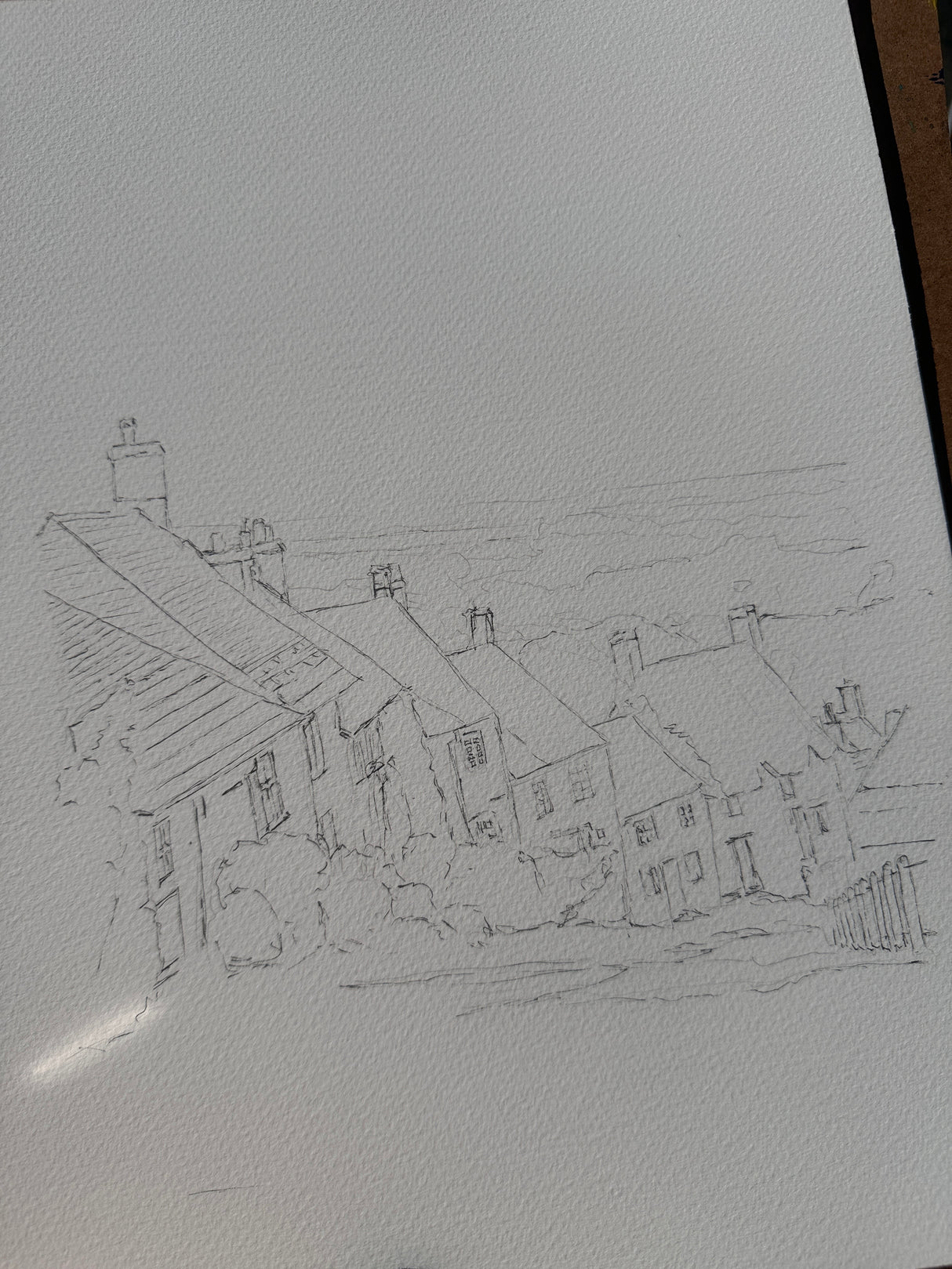 English landscape watercolour featuring Gold Hill’s charming cottages and cobbled path.