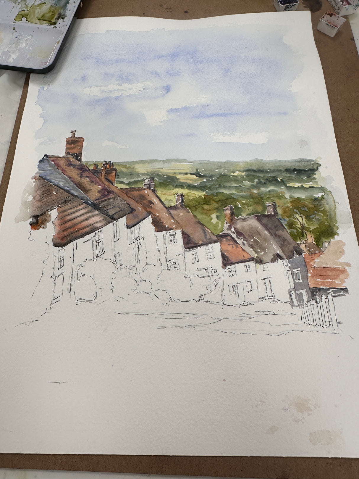 Watercolour landscape of Shaftesbury’s famous Gold Hill by artist Kate Shephard.