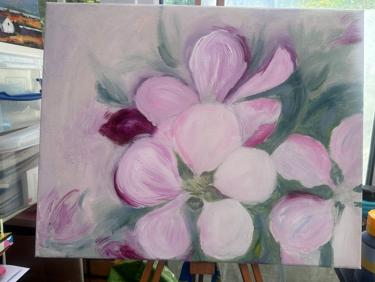 Hand-painted cherry blossom artwork with pastel pink and soft yellow tones on canvas.