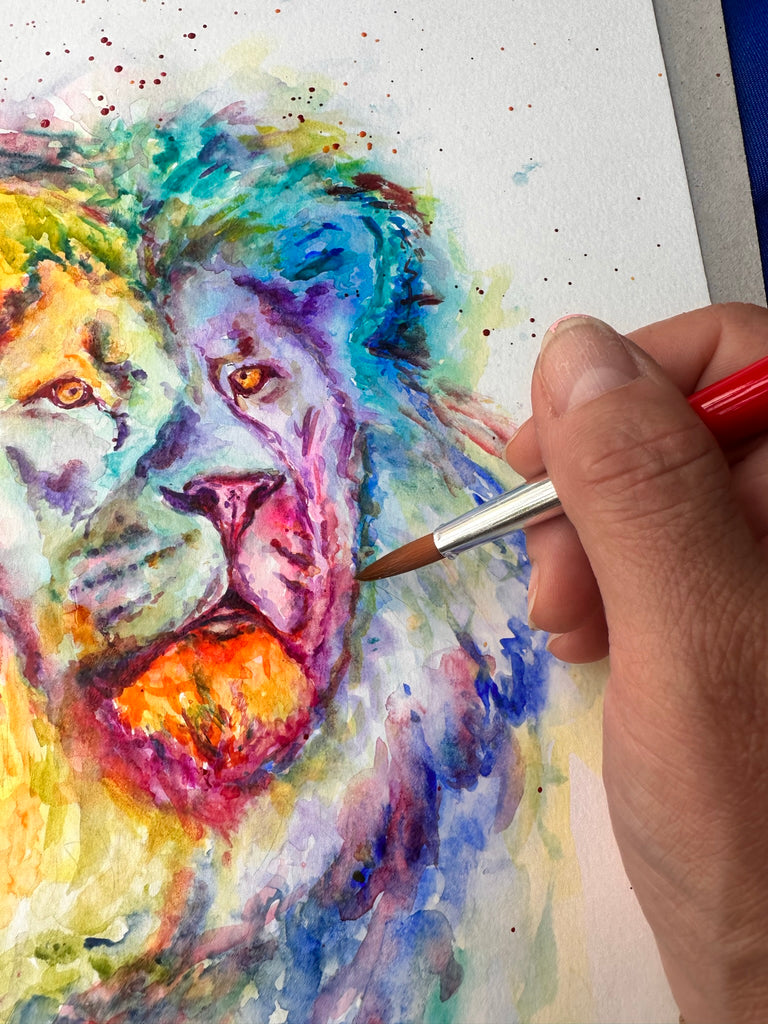 Rainbow-hued lion portrait in loose watercolor style, Vibrant lion painting with rainbow watercolor effect, Unique rainbow lion portrait 
