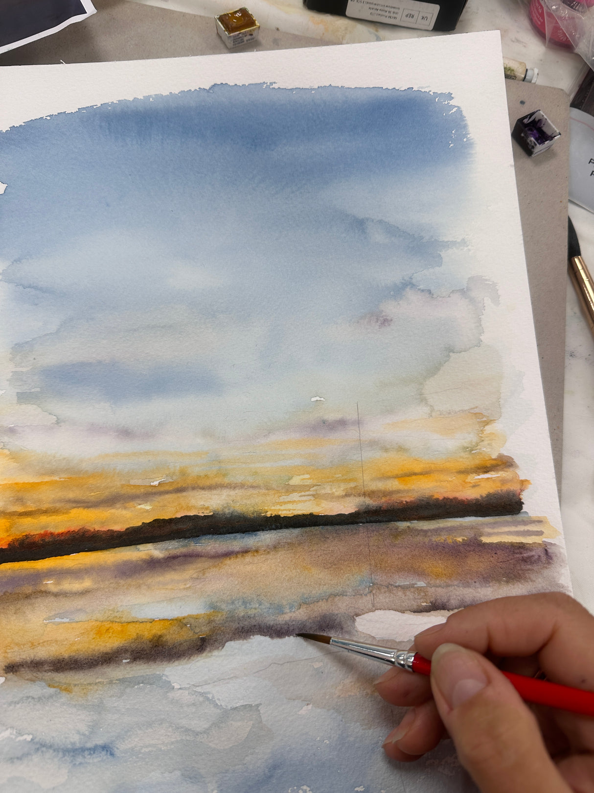 A serene maritime watercolour scene featuring a yacht and coastal reflections.