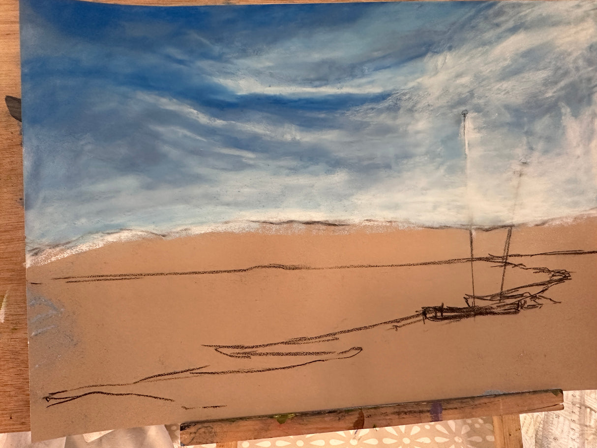 A pastel painting of a beach scene with a moored boat and distant hills, inspired by the Dorset coastline.
