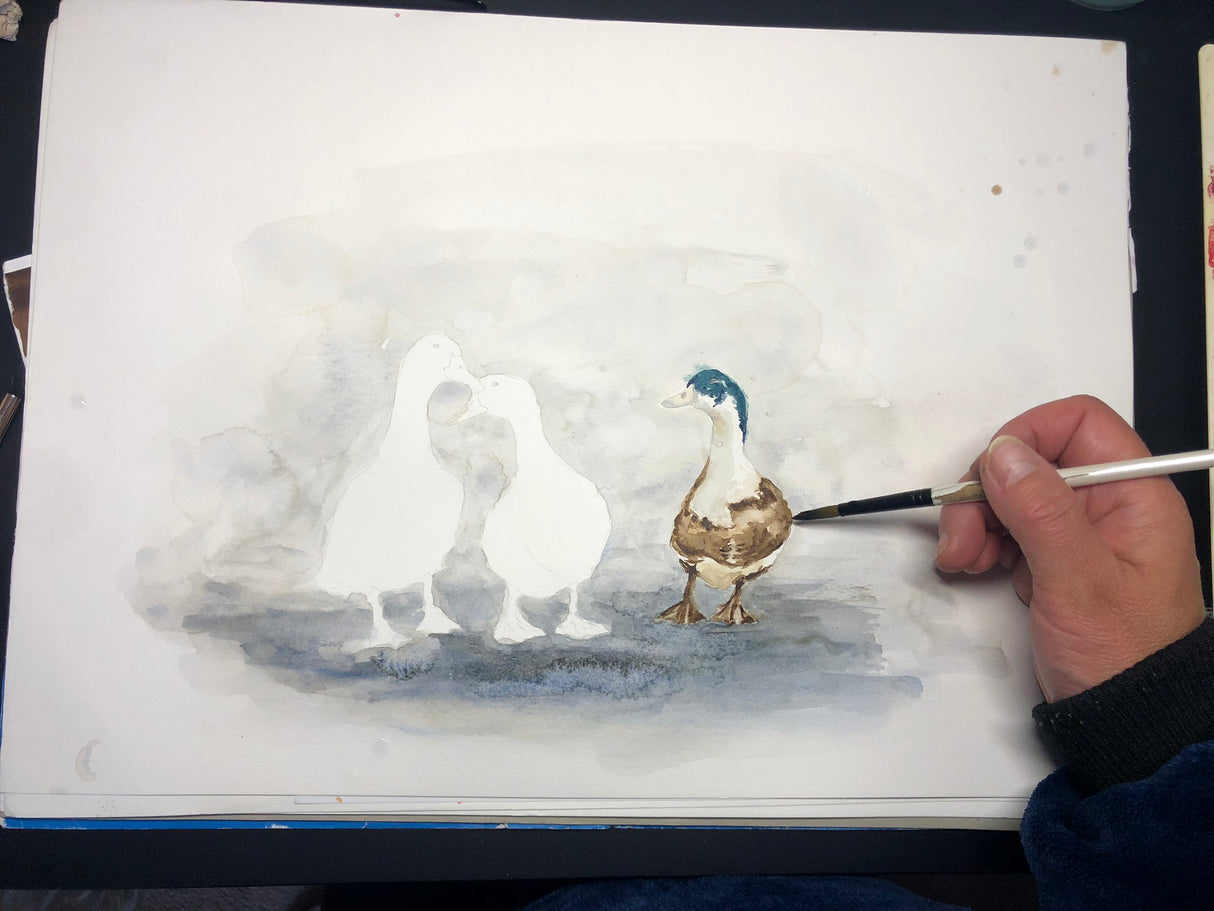 Original hand-painted watercolour artwork of three ducks in soft blues, greys, and browns.