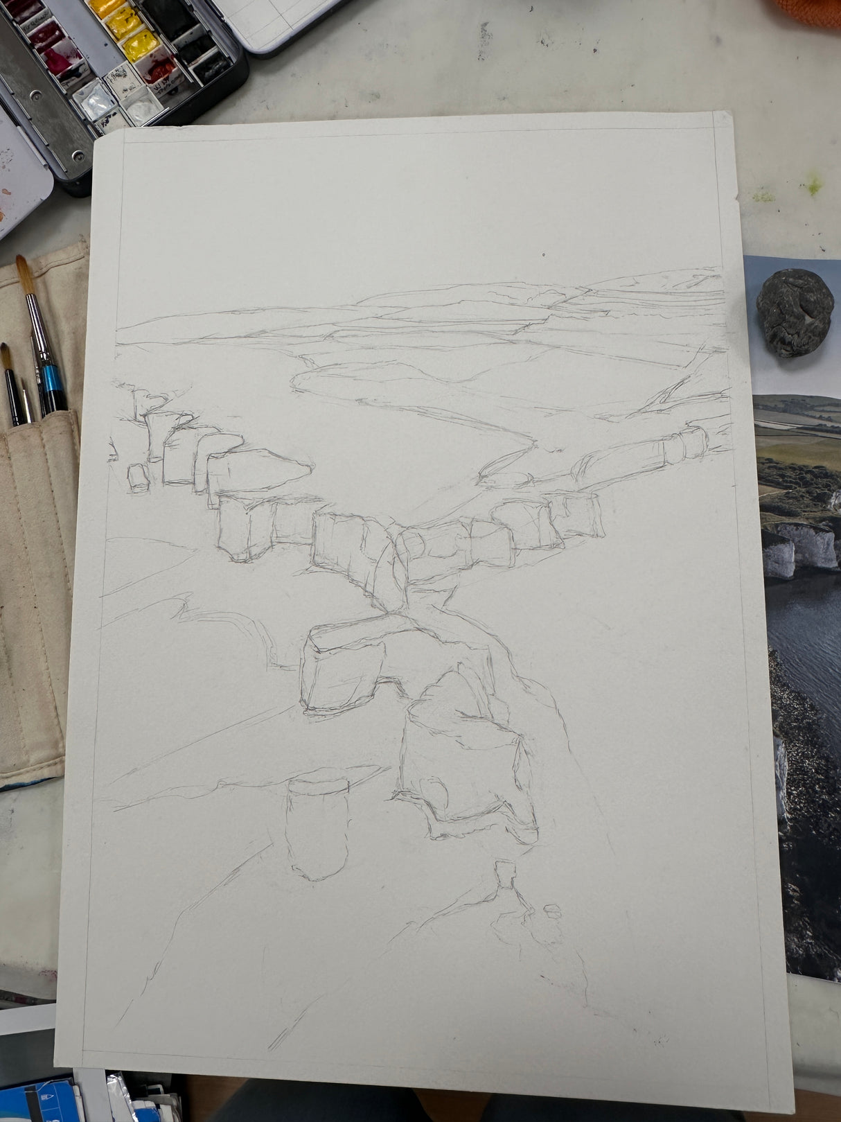 Aerial view of Dorset’s Old Harry Rocks in watercolour