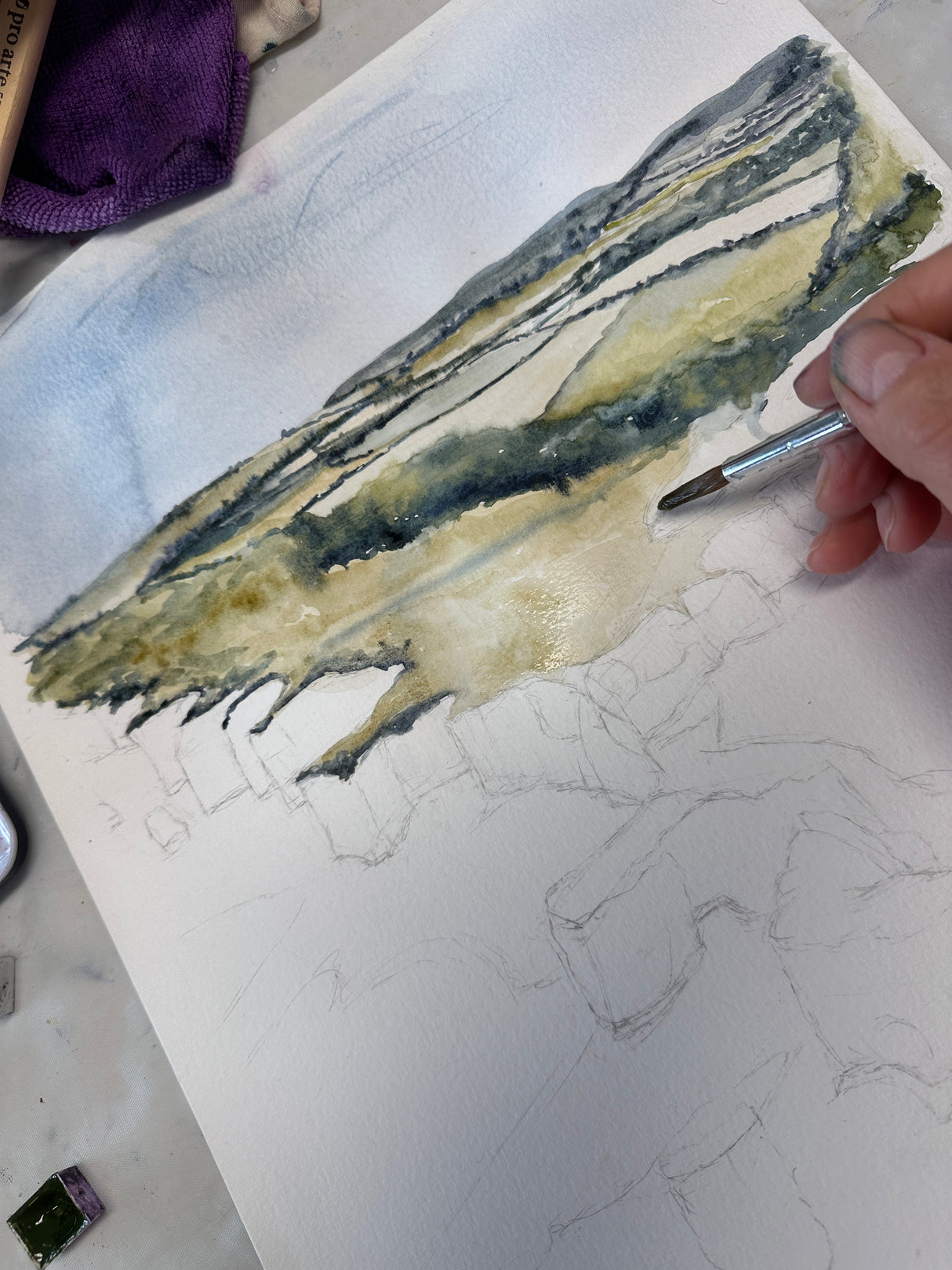 Coastal watercolour with blue sea and white chalk cliffs