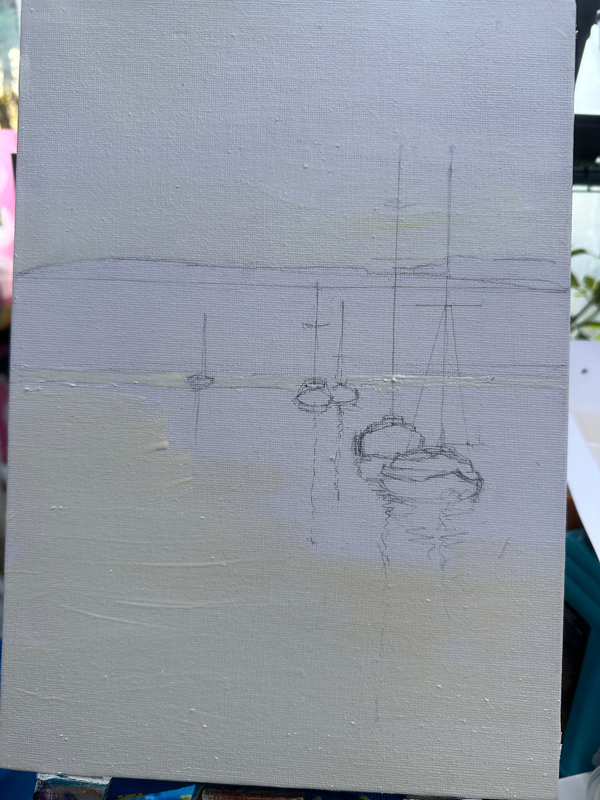 Framed oil painting of a tranquil harbour scene with yachts at sunset.