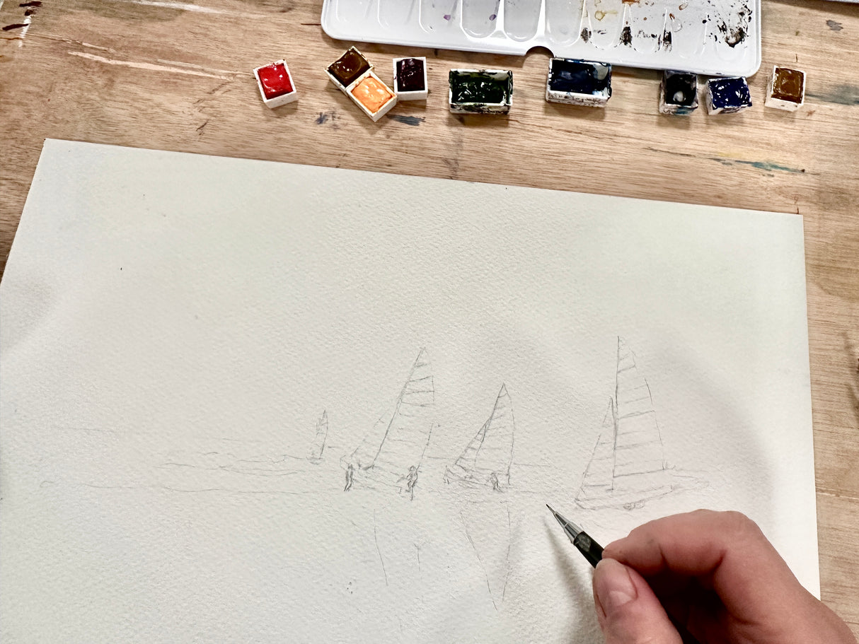 Nautical artwork featuring vibrant sailing boats in a grey-blue seascape