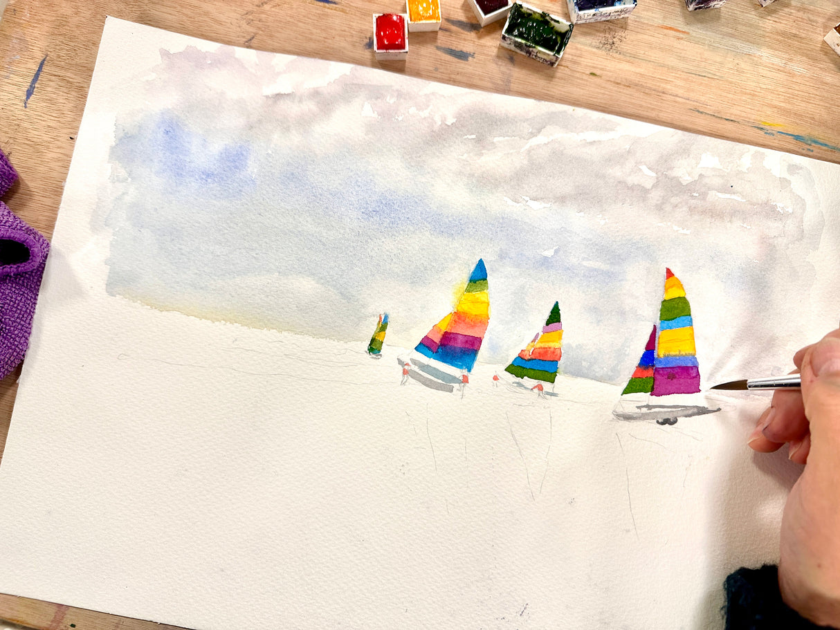 Hand-painted watercolour of sailing boats in Dorset’s Poole Harbour