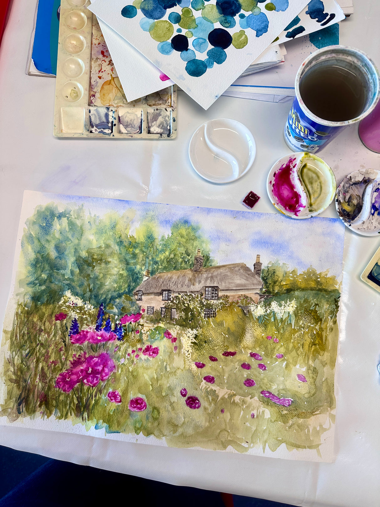 Floral Dorset countryside wall print in pink and green. Hardy’s Cottage blossom garden painting print.