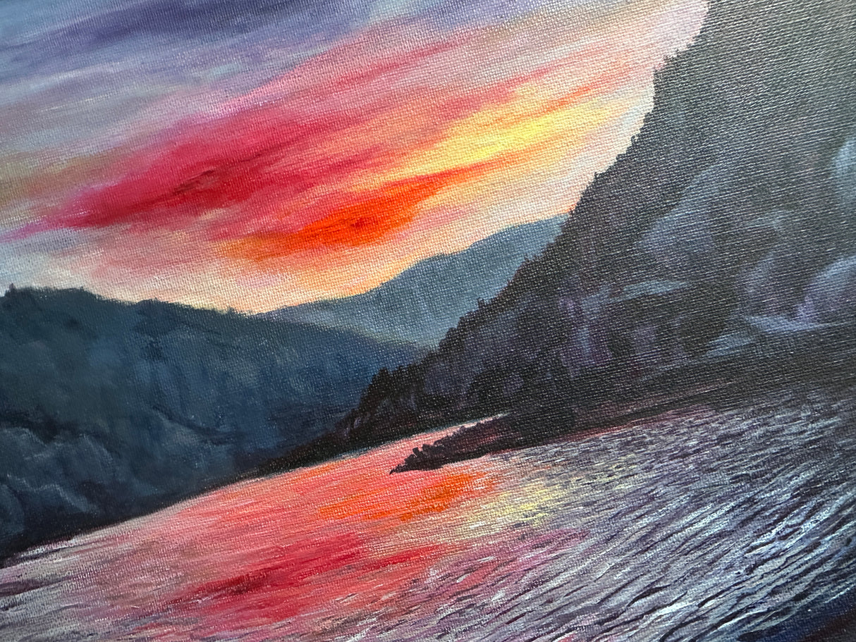 "Twilight Reflections" – a unique acrylic painting of a tranquil lake at sunset, created by Kate Shephard