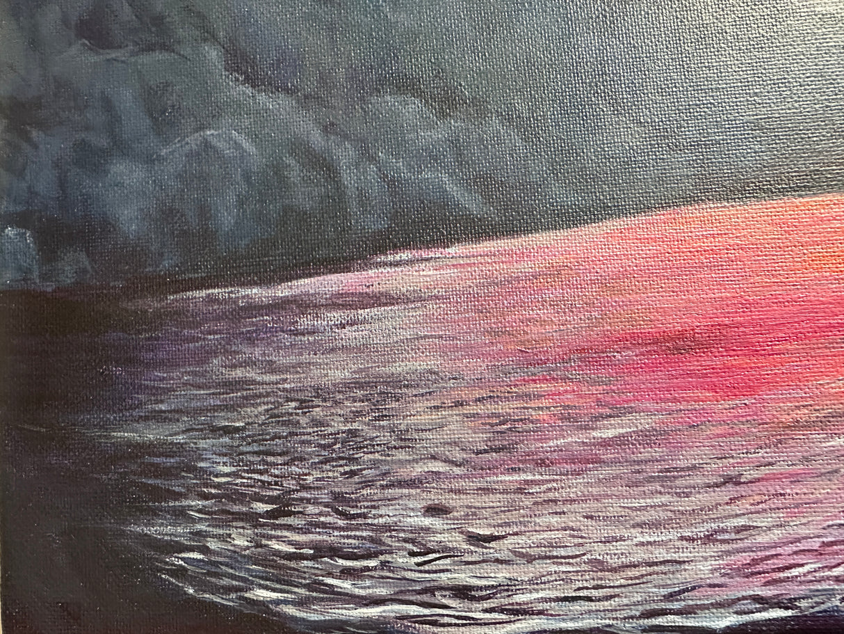 A 40x30cm acrylic painting of a lake reflecting sunset colours, with mountains in the background.