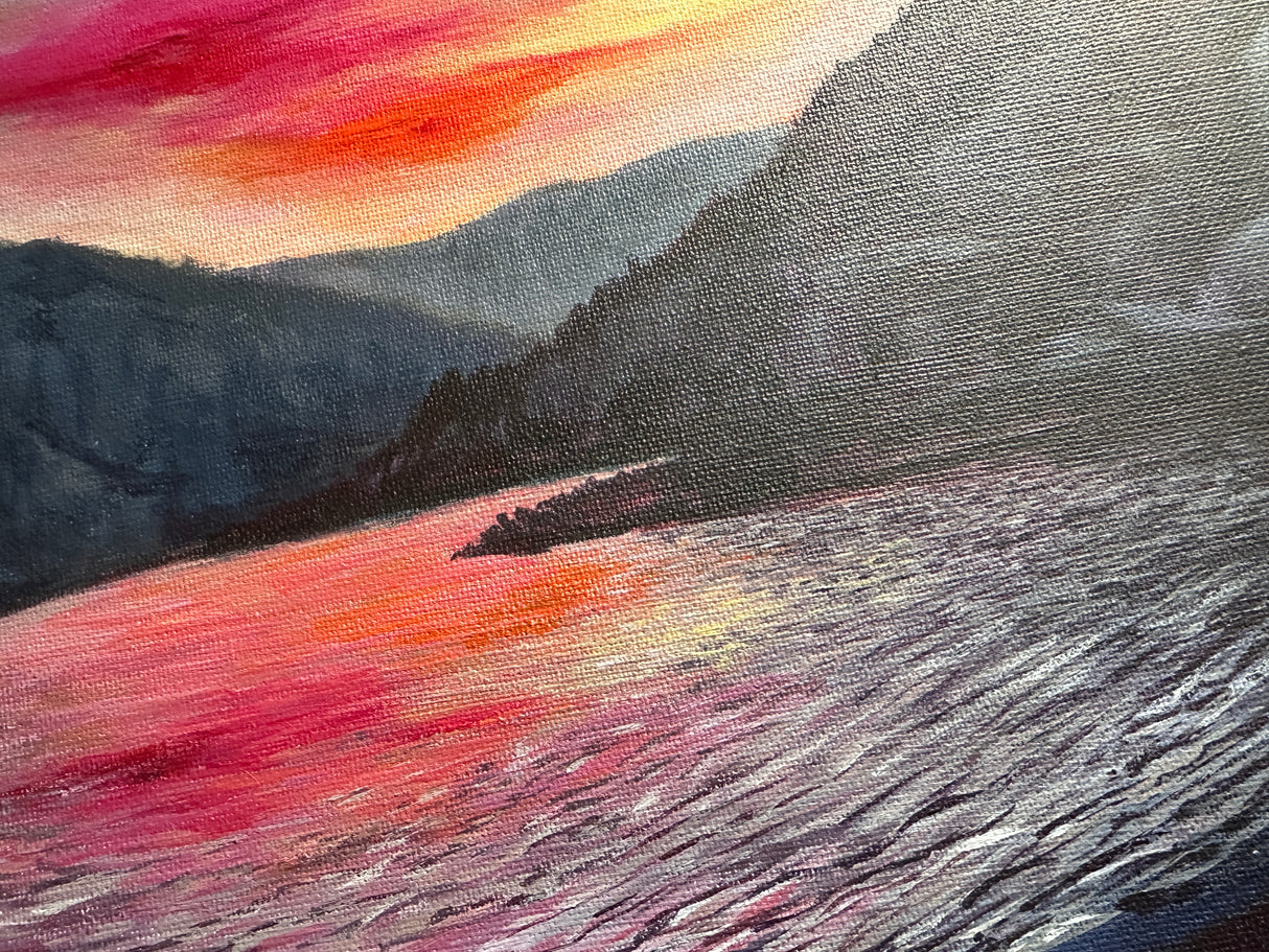 Hand-painted artwork of a peaceful mountain lake at dusk, featuring blue, red, and orange tones.