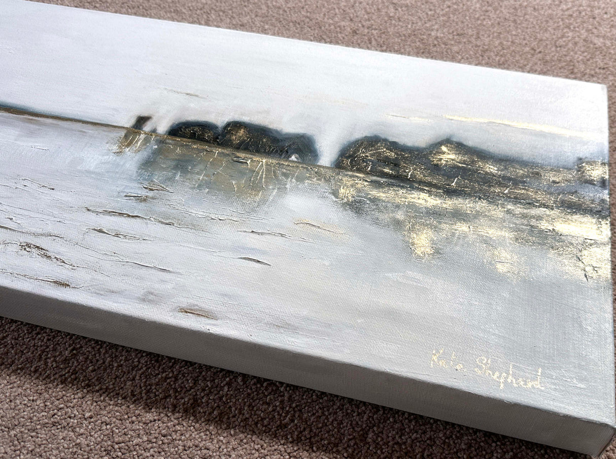 Seascape painting of Dorset’s Old Harry Rocks in moody tones, accented with gold shimmer.