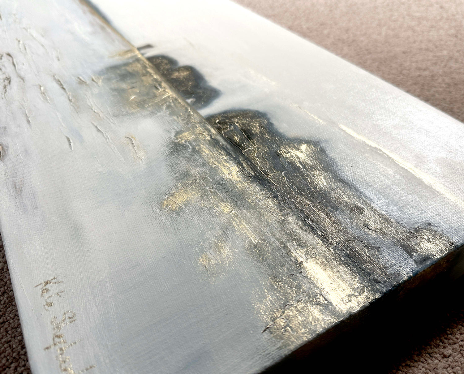 Atmospheric painting of Old Harry Rocks in indigo and umber with subtle gold detailing on the waves.