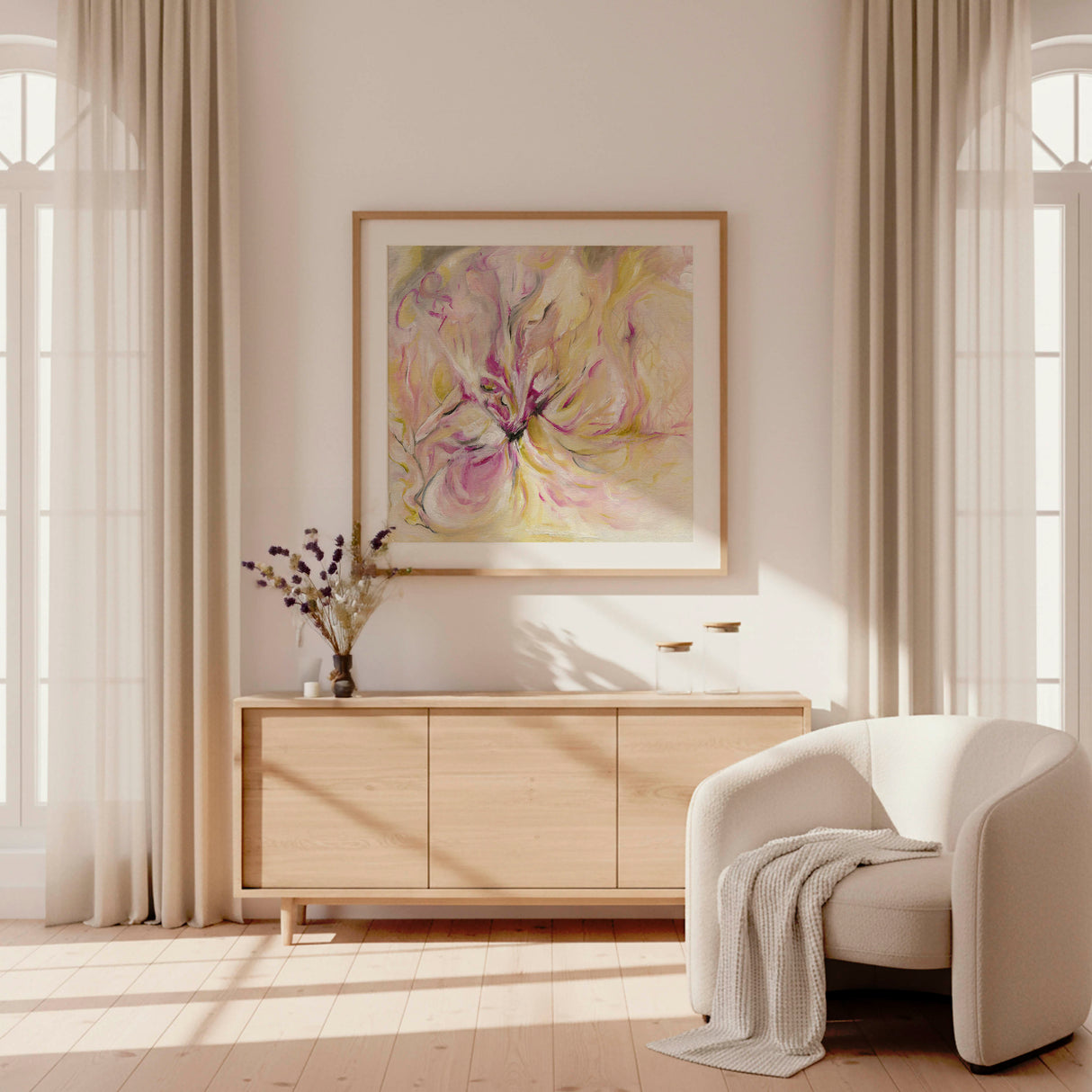 ‘In the Quiet Light’ - Lively pink and green abstract print for bright interiors.