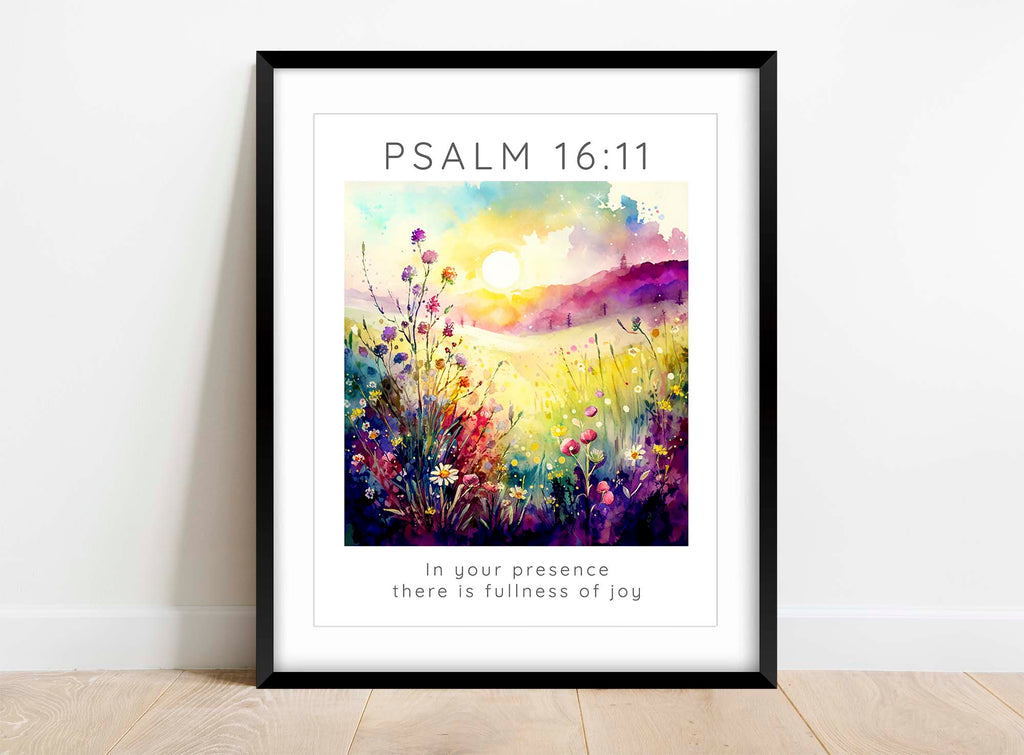 Colourful flower meadow with scripture print, Fullness of joy in divine presence artwork, Pink and yellow hues in Psalm 16:11 decor