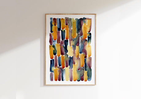 Abstract watercolour print in indigo, rust, and rose of ultramarine. First Light art print with dawn-inspired colour palette