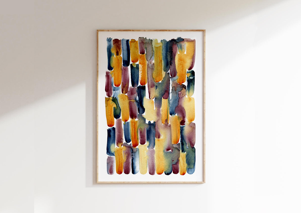 Abstract watercolour print in indigo, rust, and rose of ultramarine. First Light art print with dawn-inspired colour palette