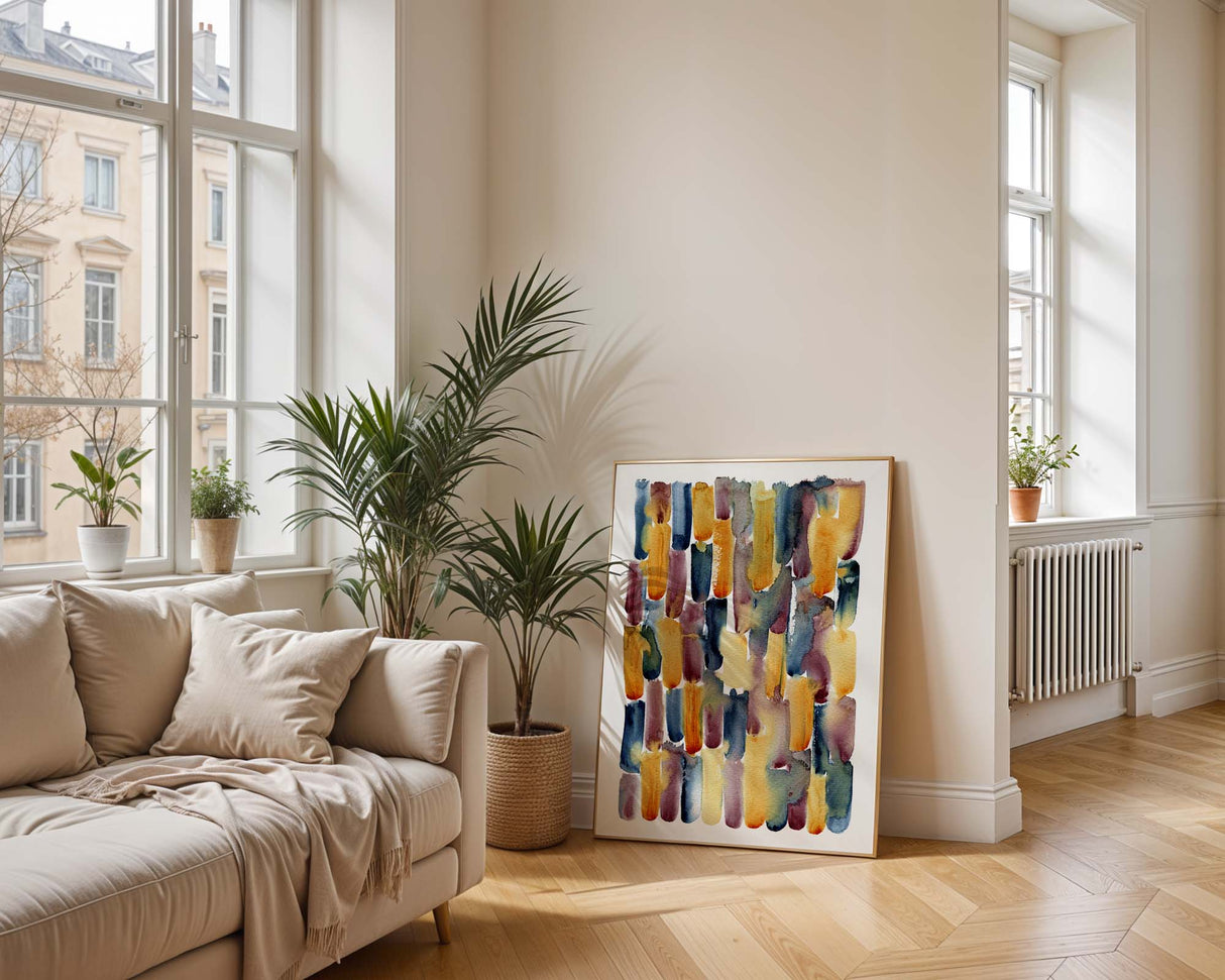 Modern abstract wall art in warm and moody colours. Indigo and rust abstract watercolour painting print