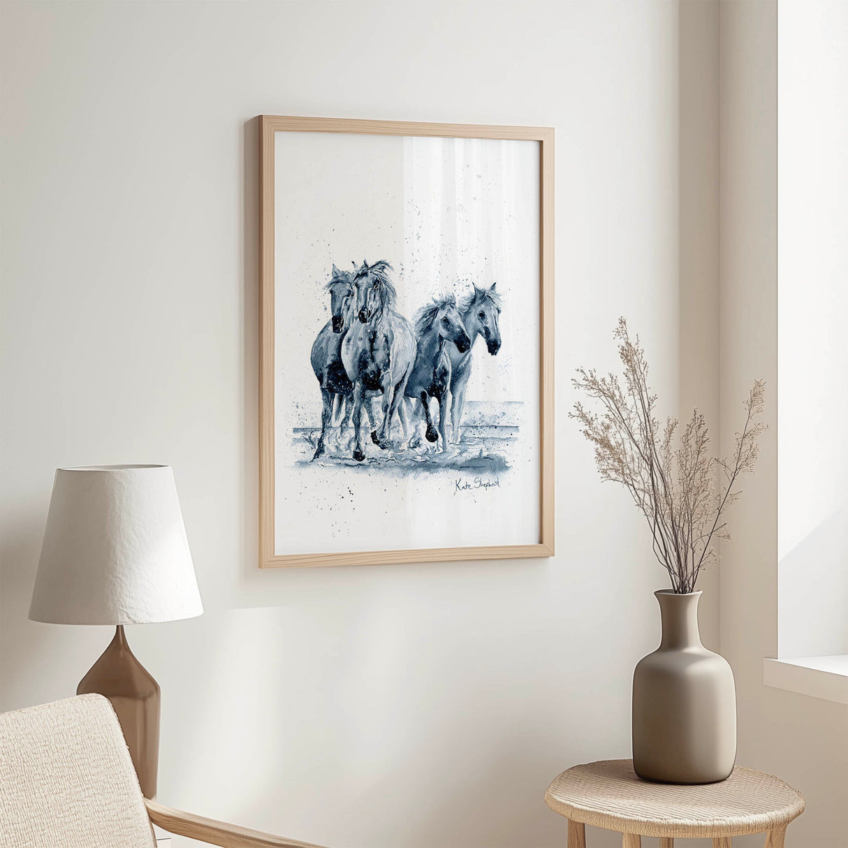 'Running Wild' Galloping Horses Monochrome Watercolour Horse Print, Equestrian Inspired Wall Art, Indigo And White Dynamic Home Decor