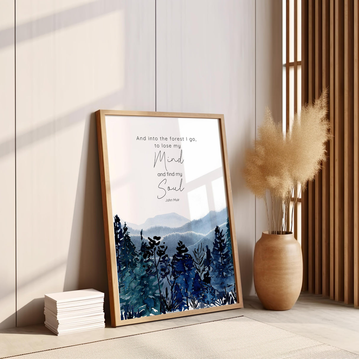 Inspiring wall art featuring a watercolour forest, hills, and mountains with a nature-themed quote. Tranquil forest and mountain print with handwritten-style John Muir quote about the healing power of nature.