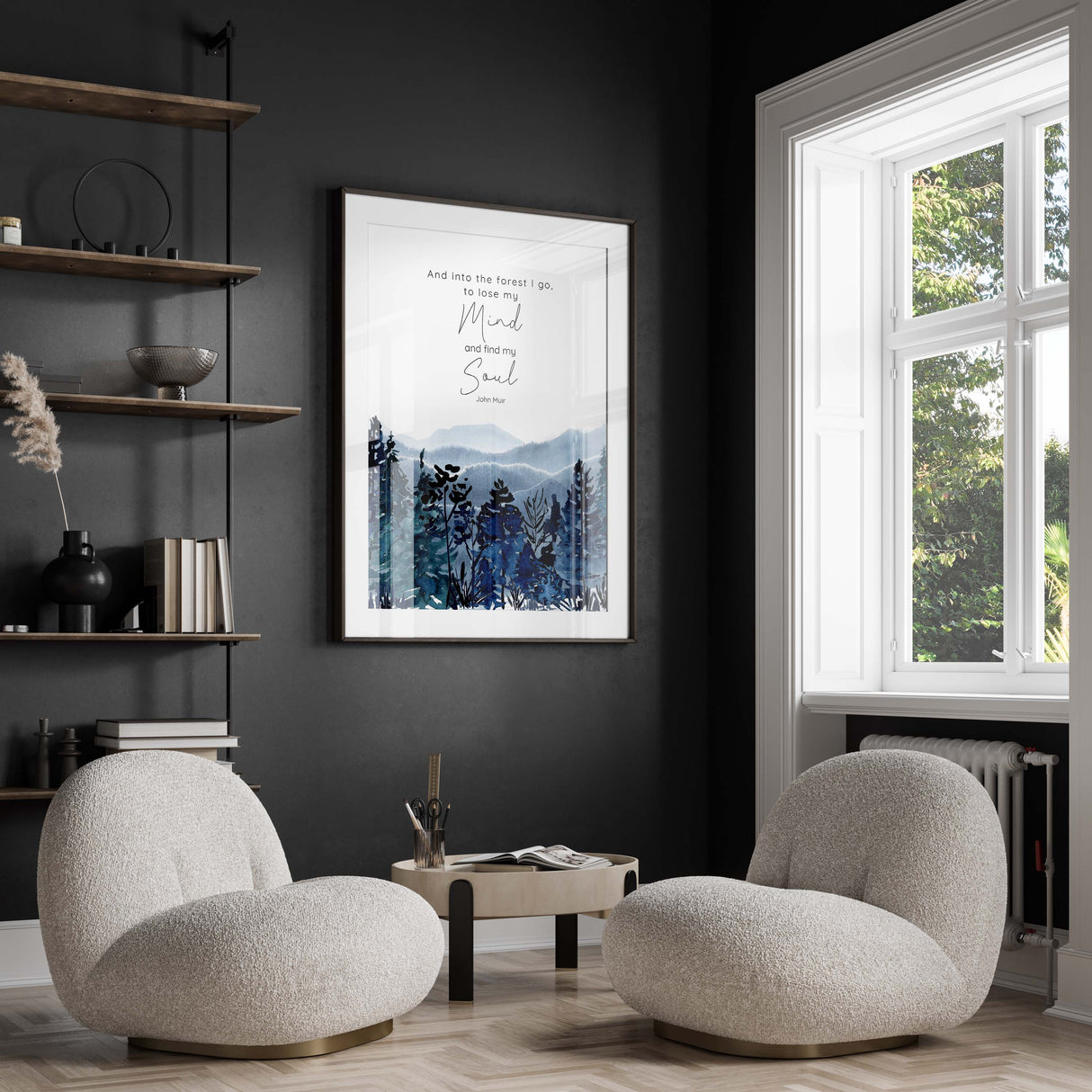 Wilderness-inspired wall decor with uplifting quote, inspirational Watercolour forest painting, John Muir Trail quote