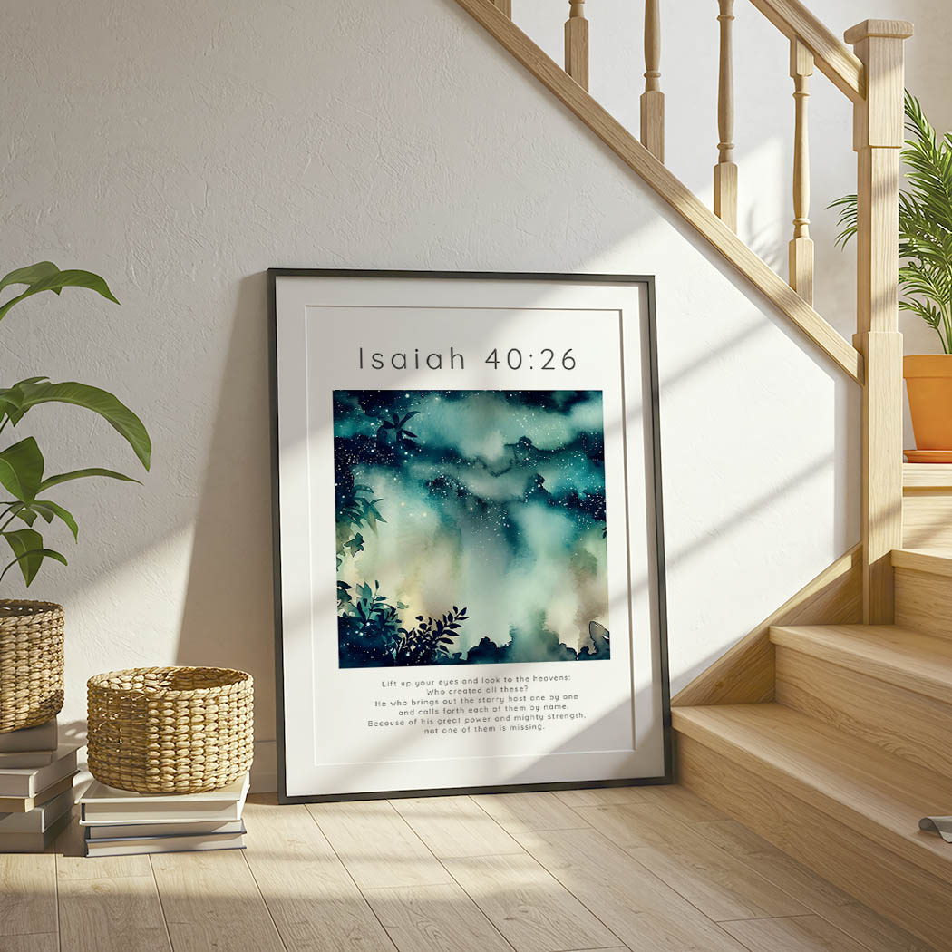 Isaiah 40:26 - Starry sky scripture print with layered dark blues, soft clouds and twinkling star details.