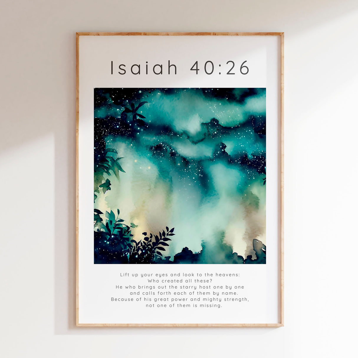 Isaiah 40:26 - Christian art picture with scattered stars across a moody midnight blue and teal night sky.