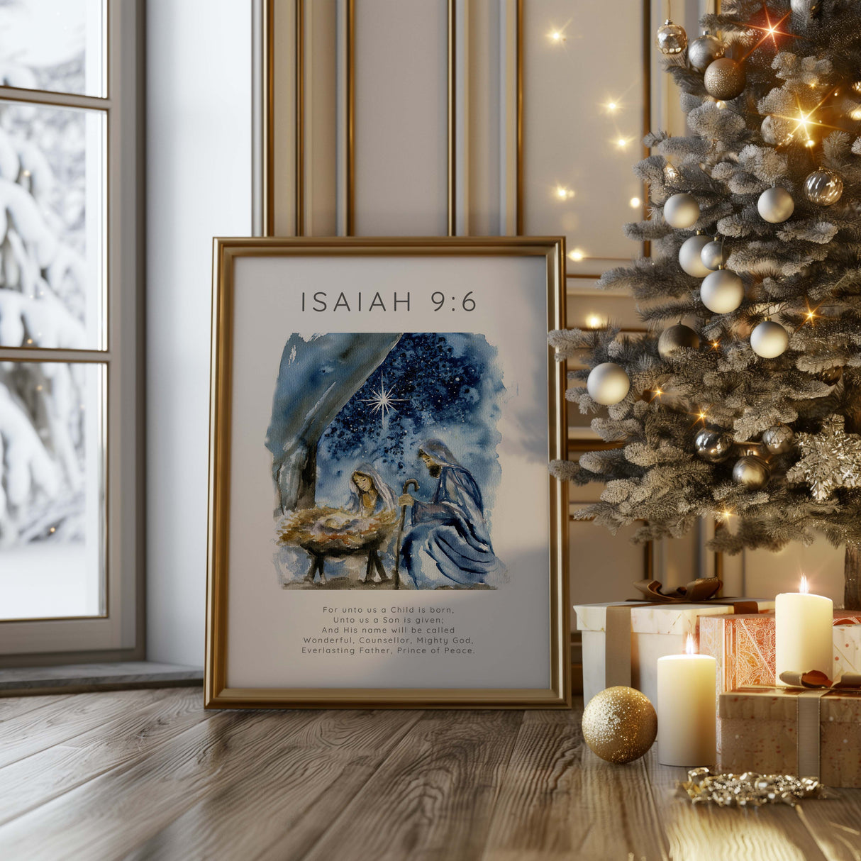 Christian Christmas wall art showing a peaceful nativity illustration and the verse “For unto us a Child is born…” from Isaiah 9:6.