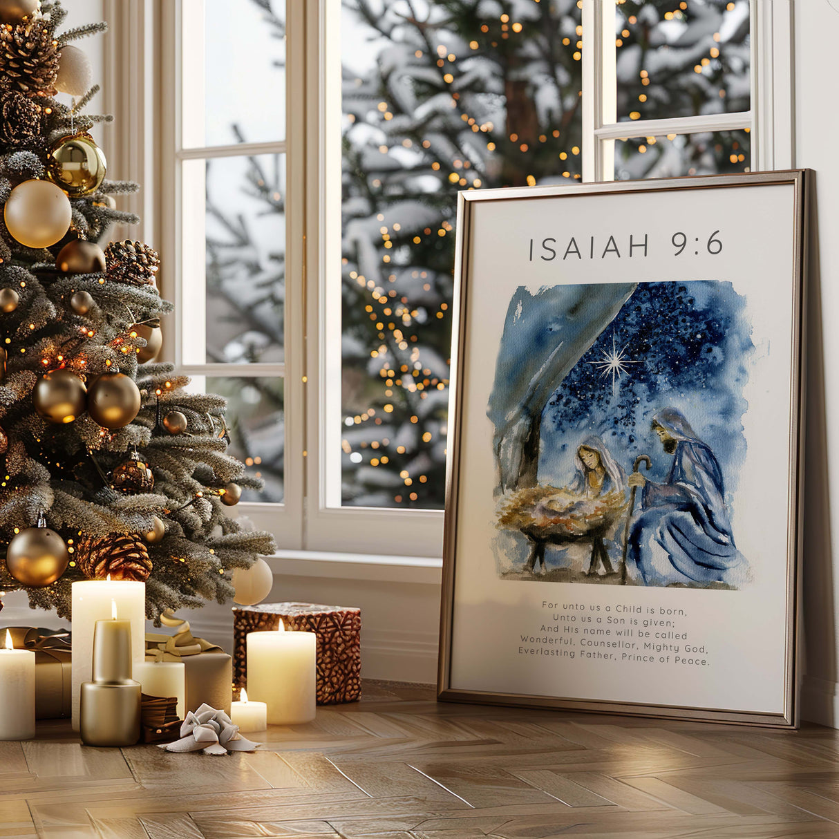 Isaiah 9:6 nativity print in soft watercolours, portraying the holy birth of Christ with a message of peace, hope, and divine promise.