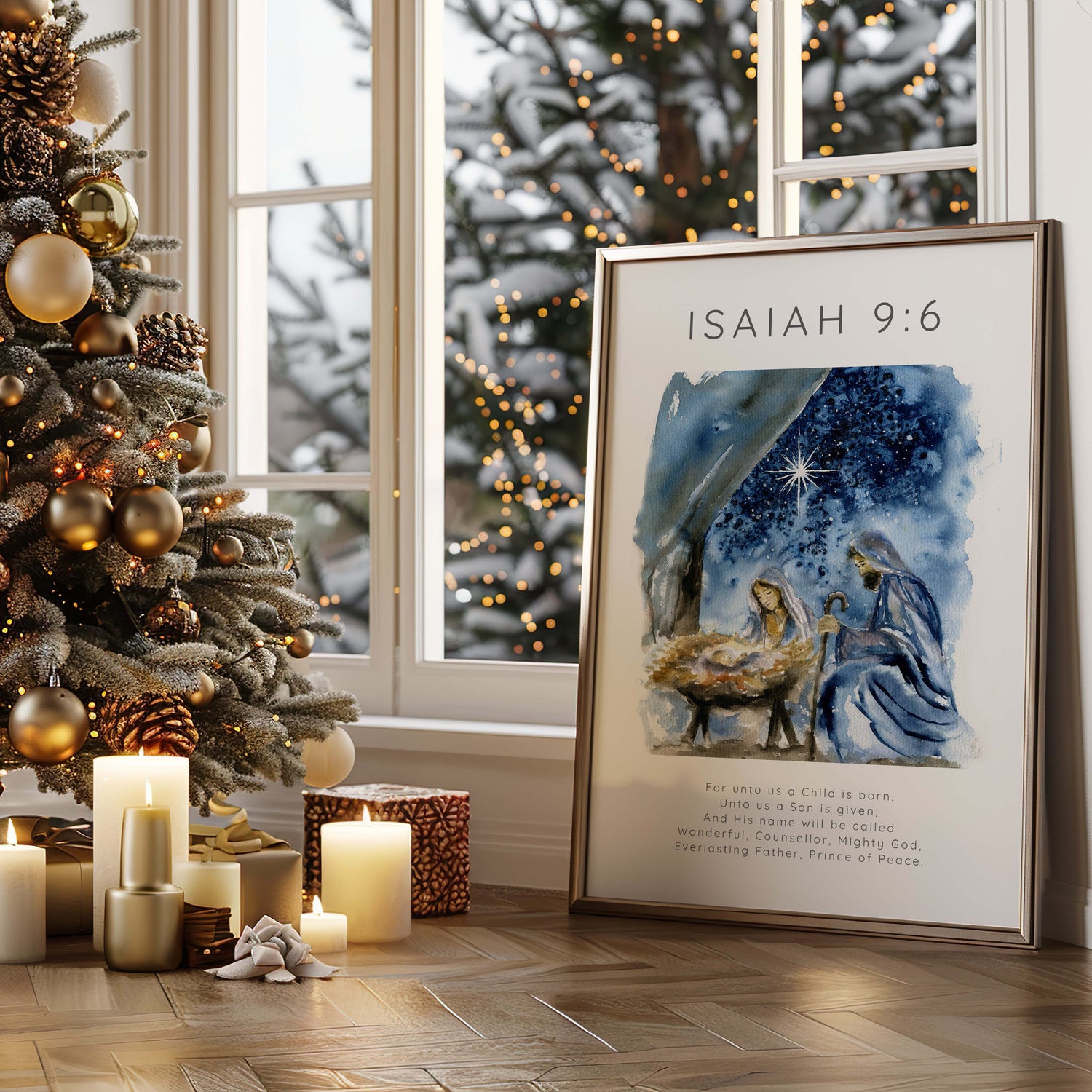 Isaiah 9:6 nativity print in soft watercolours, portraying the holy birth of Christ with a message of peace, hope, and divine promise.