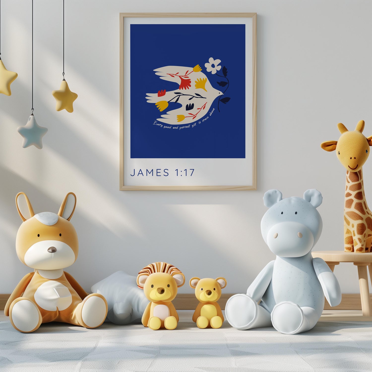 Uplifting Bible verse art featuring a delicate bird in flight and the words from James 1:17.