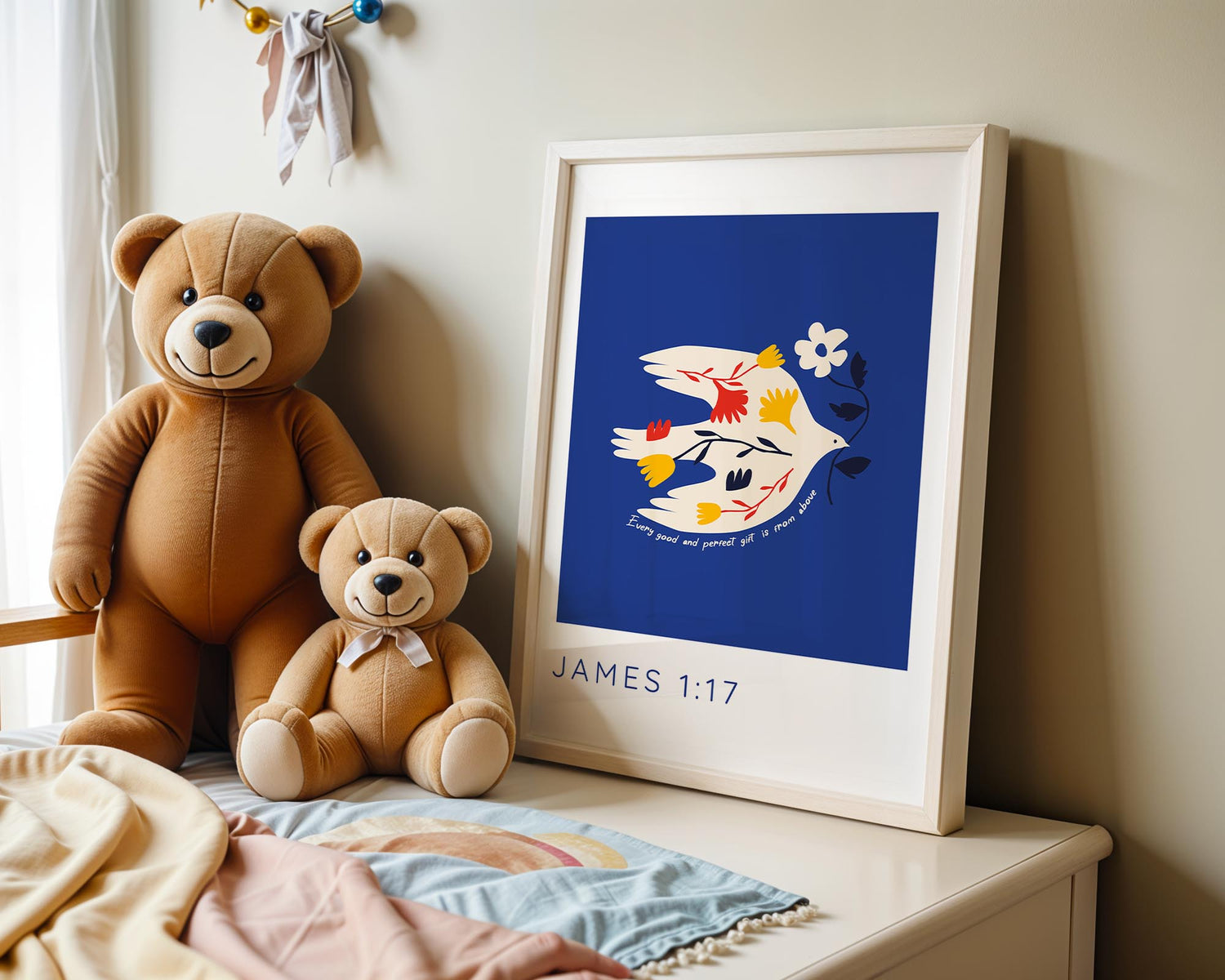 Christian wall art showing a bird with flowers and the verse "Every good and perfect gift comes from above."