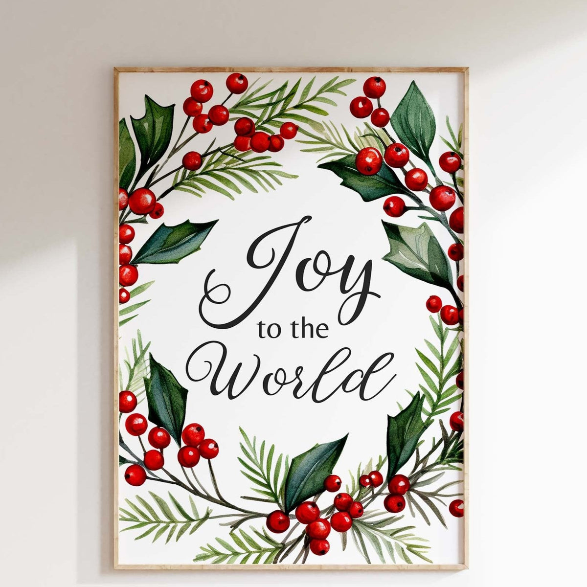 Traditional Christmas decor print with 'Joy to the World' in the center.
