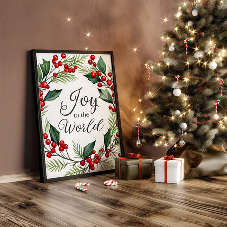 Holiday-themed print featuring the words "Joy to the World" surrounded by a watercolor wreath of red berries and green holly leaves.