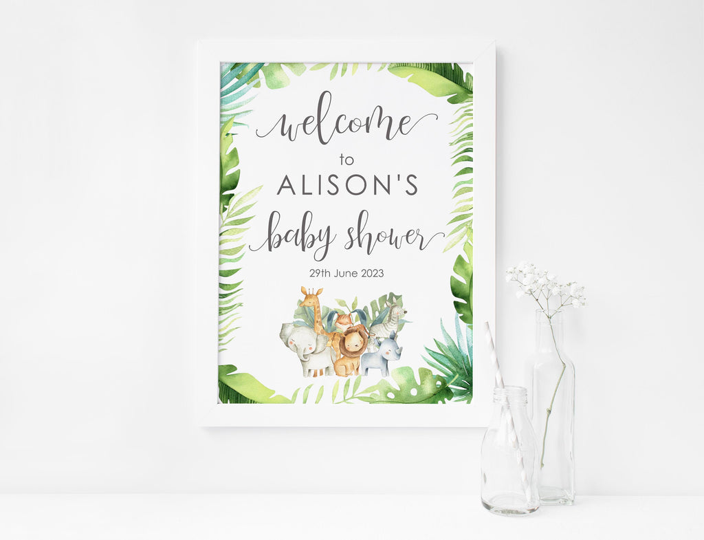 Custom jungle-themed baby shower entrance print, Personalised jungle animals welcome sign for baby shower, party welcome poster