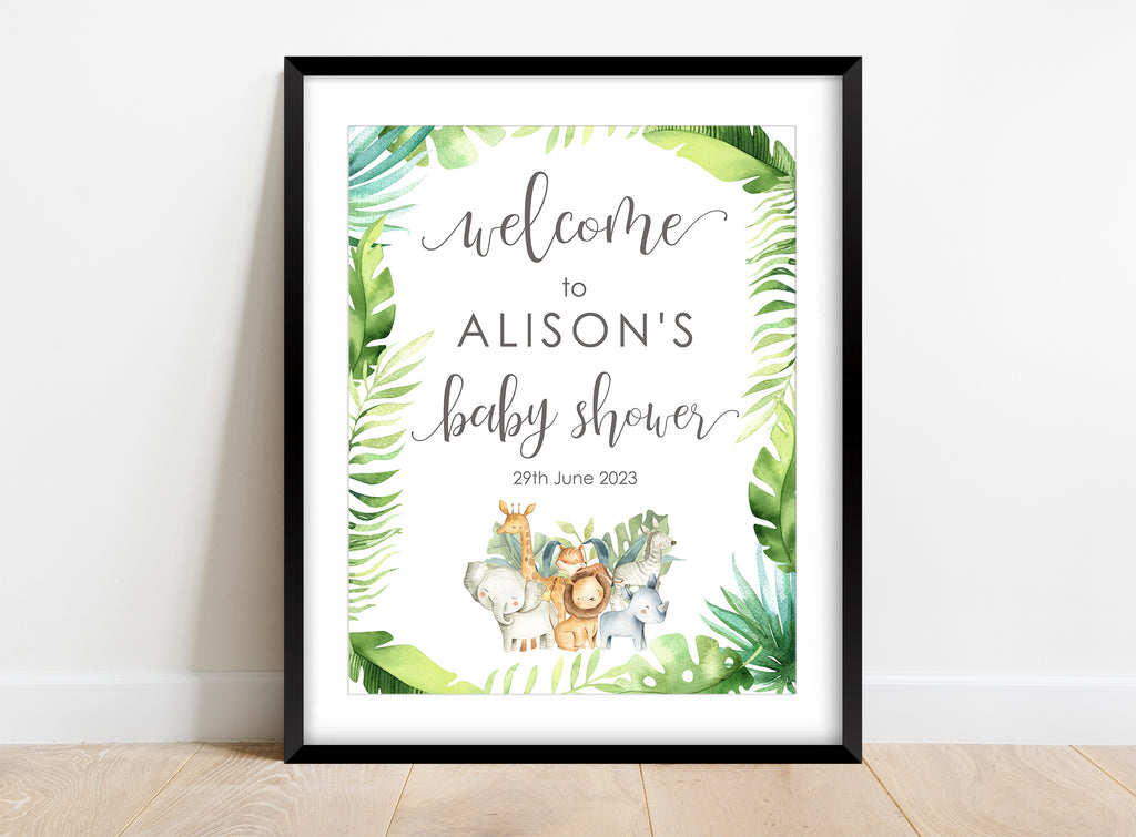 Custom jungle-inspired baby shower welcome poster, Personalised safari-themed baby shower entrance decor, animal baby shower welcome sign
