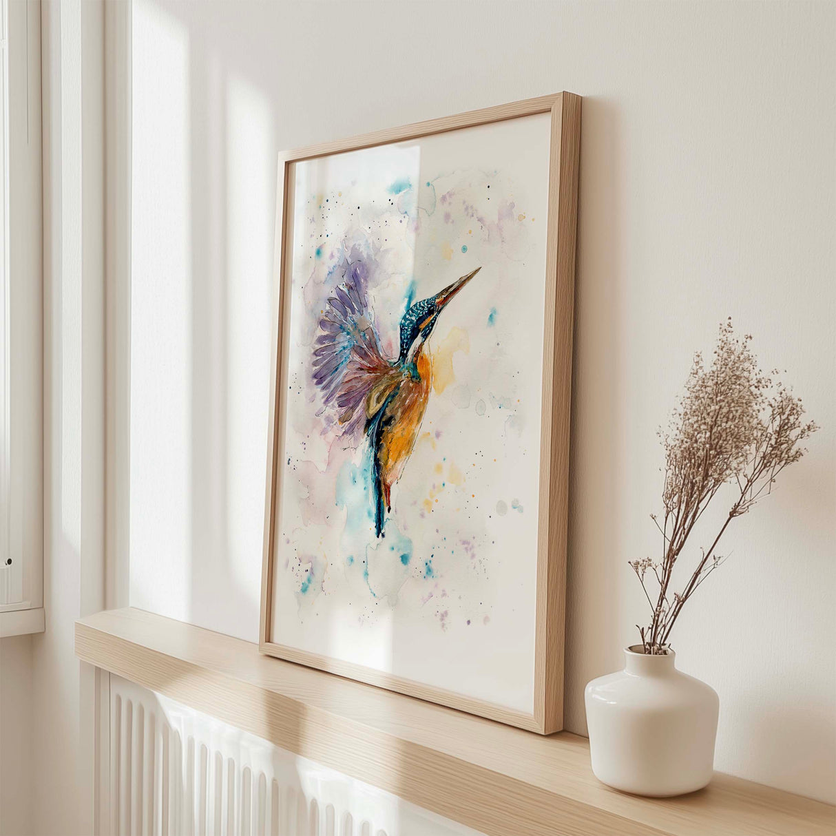 Expressive kingfisher artwork in loose style, featuring shimmering feathers and a natural riverbank palette.