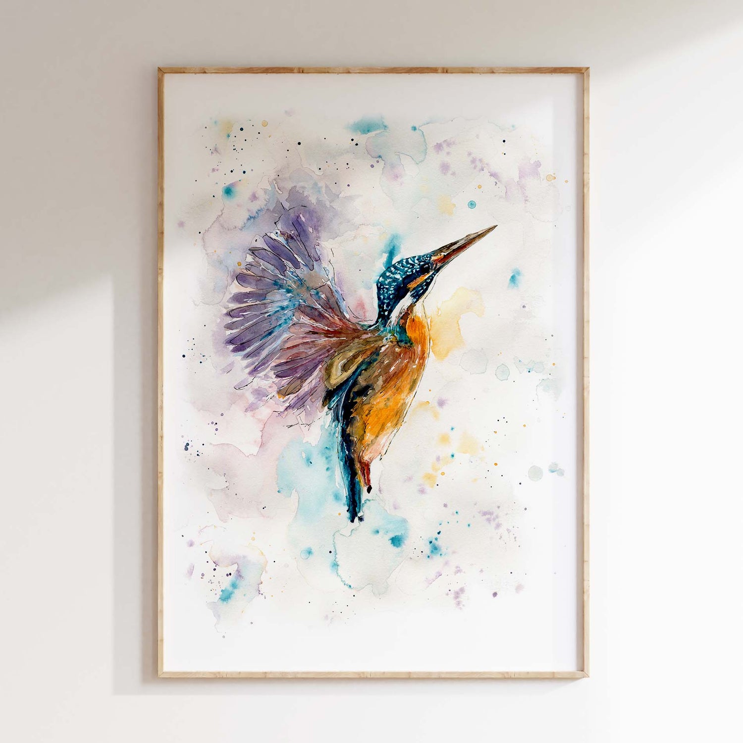 Kingfisher wall art print with calming turquoise, soft yellow and blue, painted in an impressionist loose style.