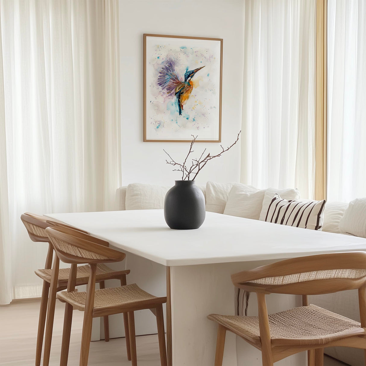 Loose-style kingfisher art print in turquoise, yellow, and blue, capturing a bird in graceful flight over water.