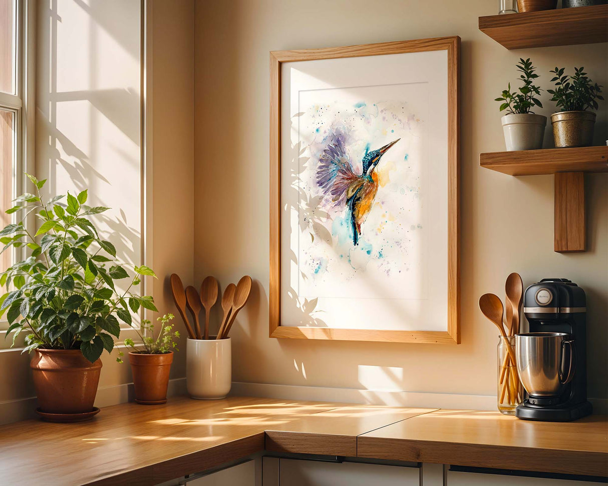 Contemporary kingfisher print with vibrant colours and fluid brushwork in blue, turquoise, and yellow hues.