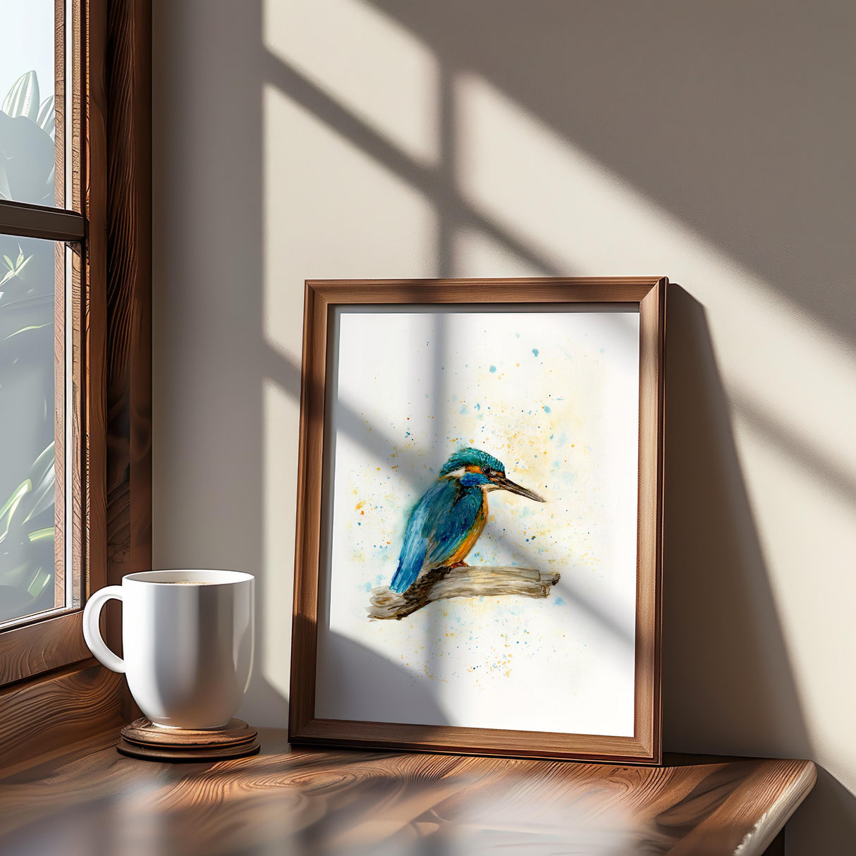 Loose watercolour painting of a kingfisher perched on a branch.Vibrant kingfisher sitting on a twig, painted in a soft watercolour style