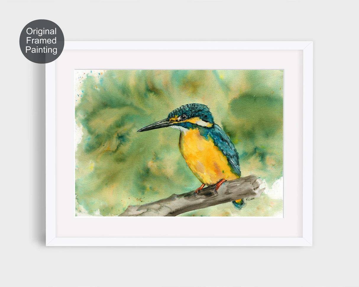 Watercolor painting of a vivid blue and orange kingfisher perched on a slender branch, set against a soft, minimal background.