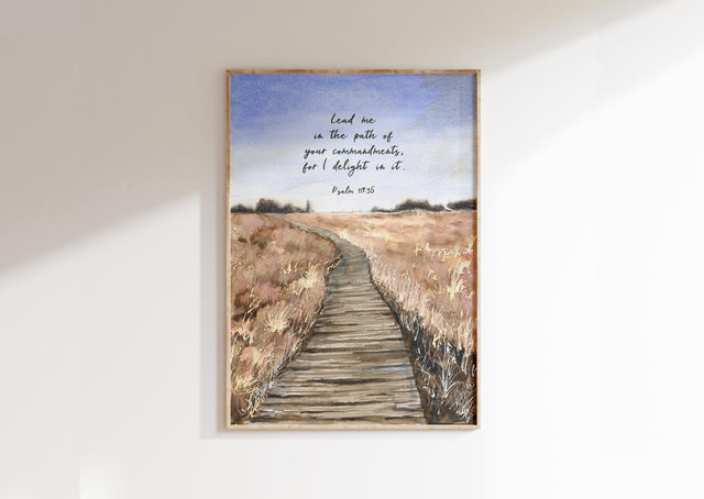 Watercolour wooden path art with Psalm 119 verse about God’s guidance in soft natural Christian decor