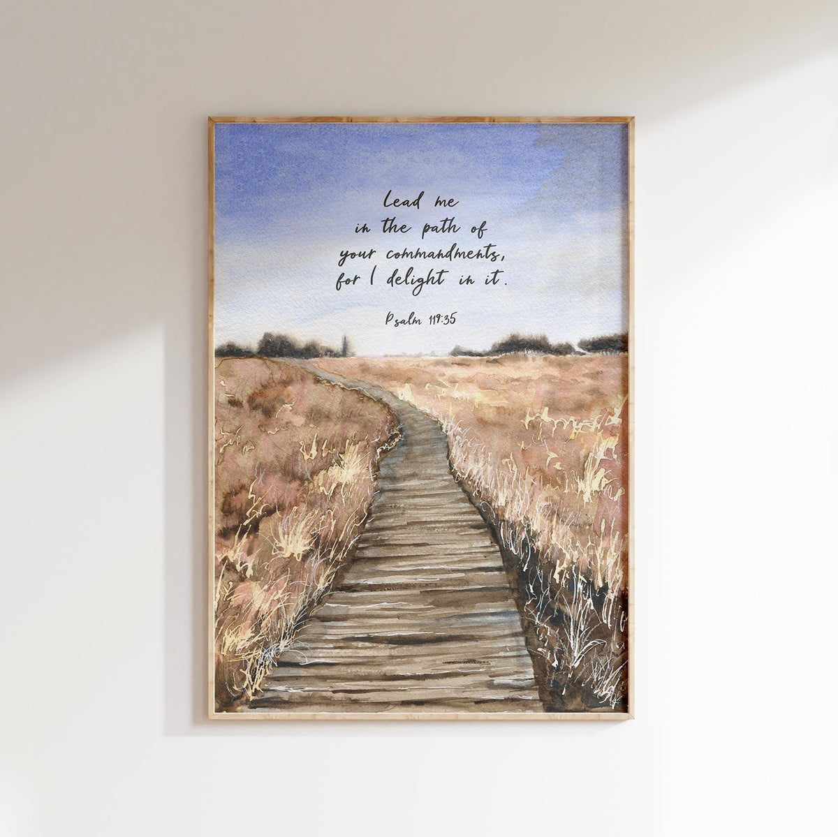 Watercolour wooden path art with Psalm 119 verse about God’s guidance in soft natural Christian decor