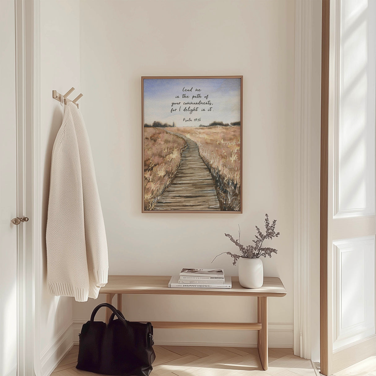 Peaceful landscape Bible verse print with path leading to trees, inspired by Psalm 119.